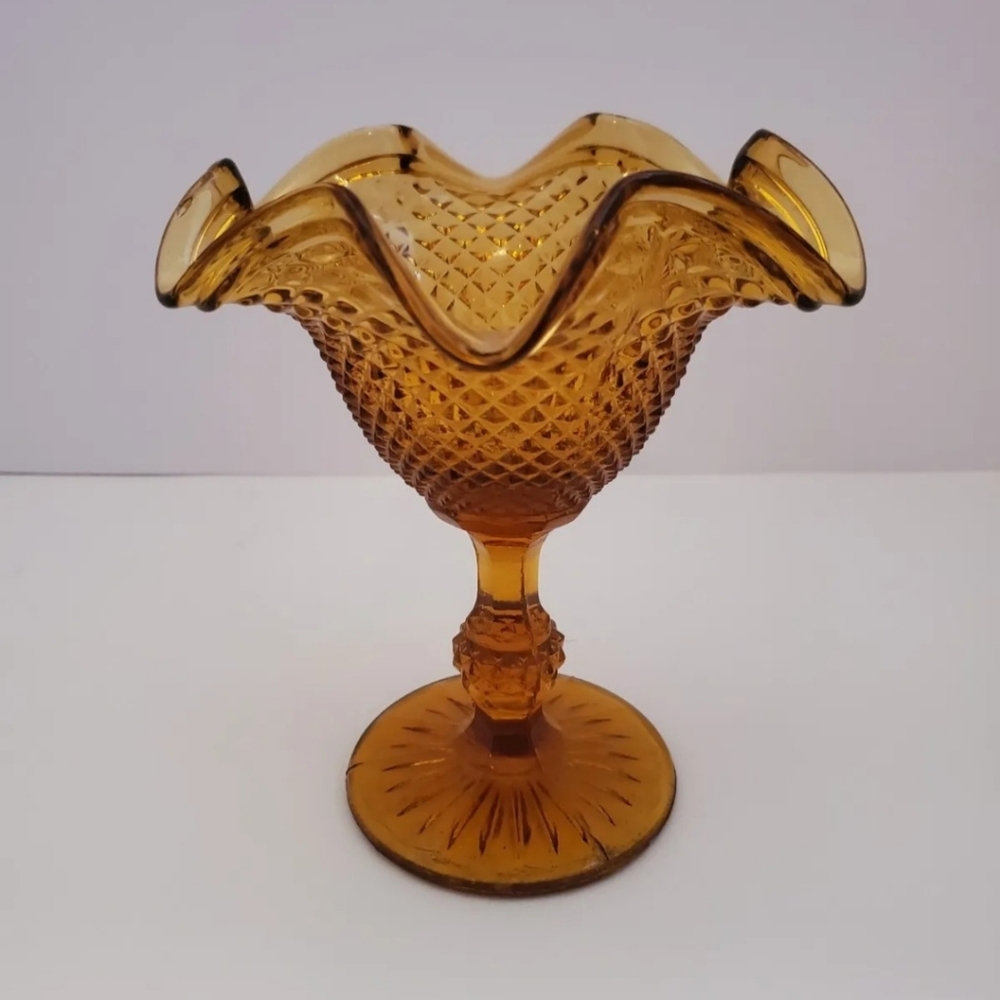 Ivima Diamond Point Waffle Glass Pedestal Compote Amber Ruffled Edge Vintage